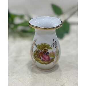 Mini Tiny  Spanish Porcelain Vase With Gold Rim & Pastoral Scene Guillen